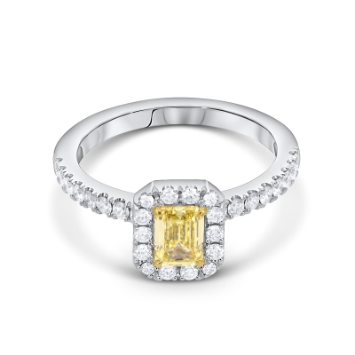 Inel Diamant Fancy Galben Intens Natural 0.60ct si diamante albe 0.43ct culoare D